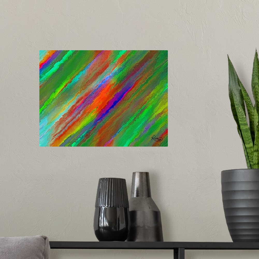 A modern room featuring Abstract art that has colorful diagonal lines filling up the canvas.