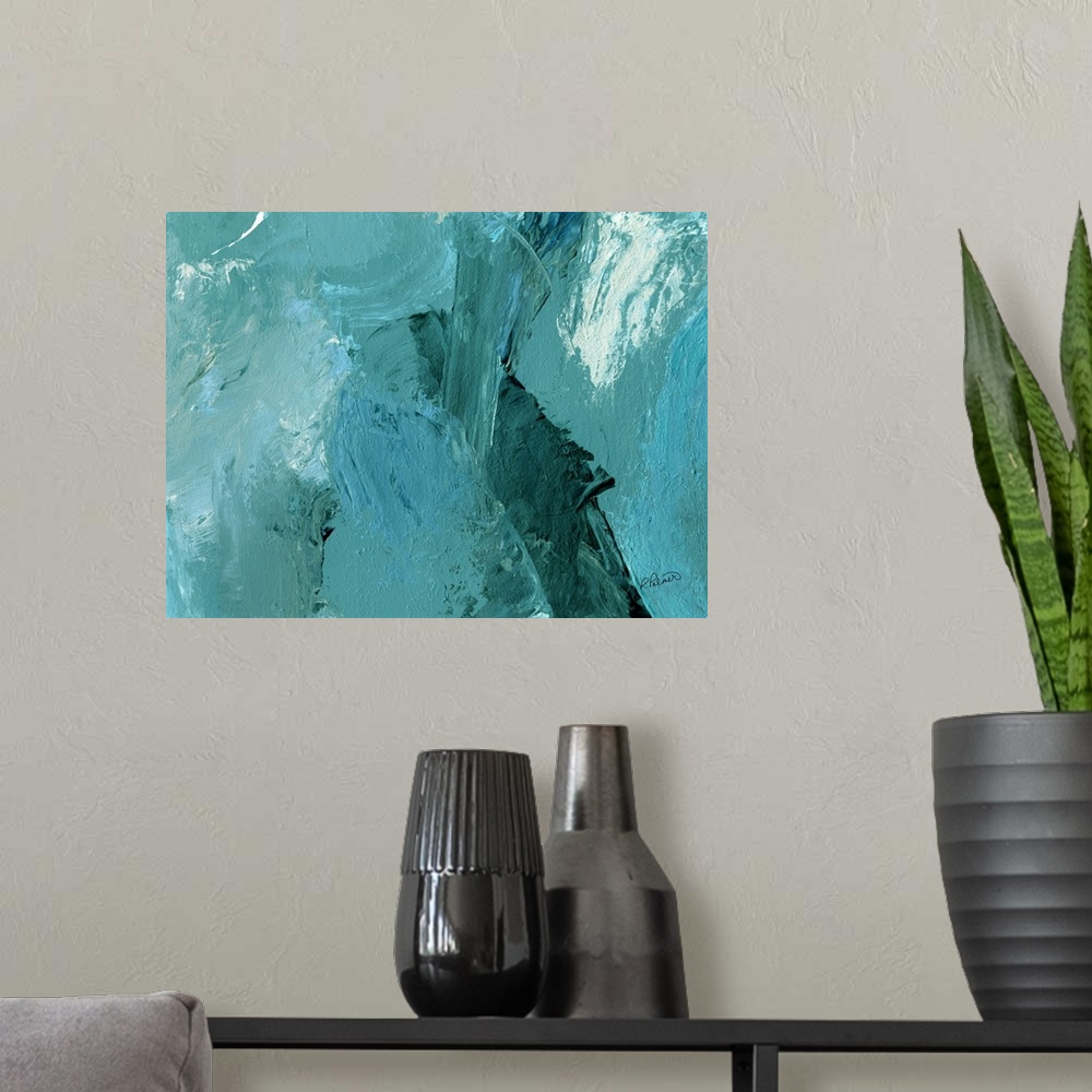 A modern room featuring Abstract painting with layers of teal and hints of white.