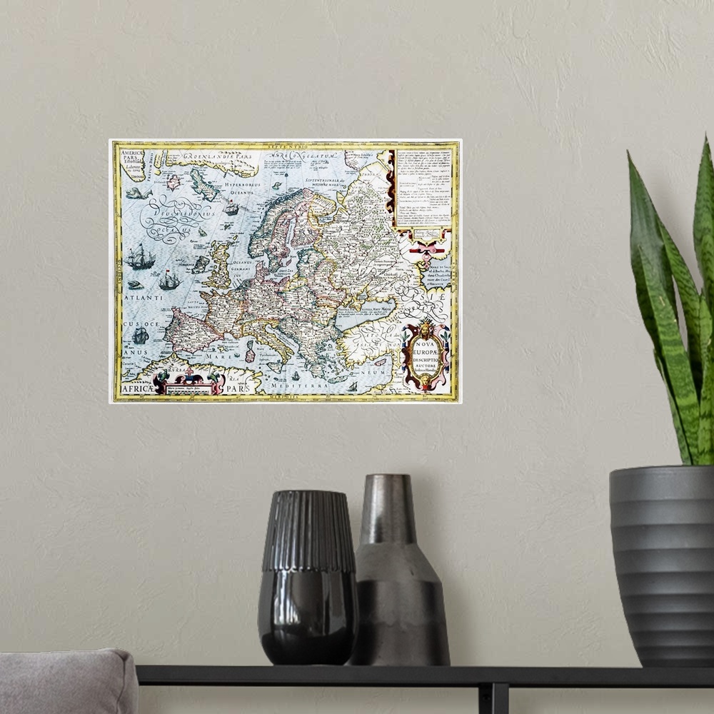 A modern room featuring Europe, 17th century Dutch map. The known lands of Europe are accurately mapped, but the Arctic l...