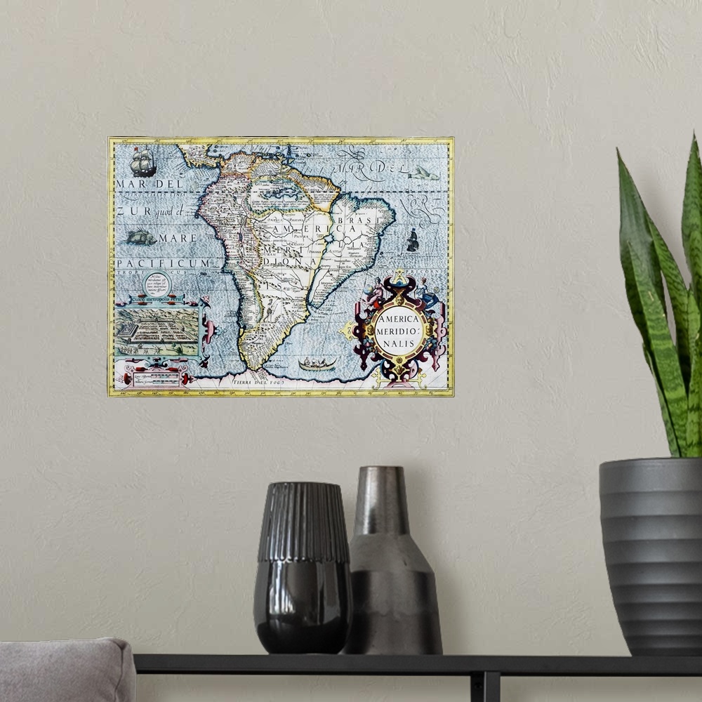A modern room featuring South America, 17th century Dutch map. This shows the new continent that was being discovered by ...