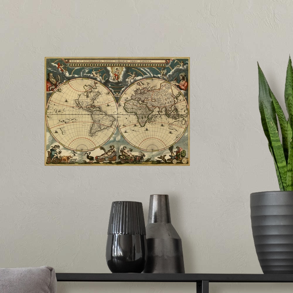 A modern room featuring World map, published around 1664 in Amsterdam, the Netherlands, by Dutch mapmaker Joan Blaeu (c.1...