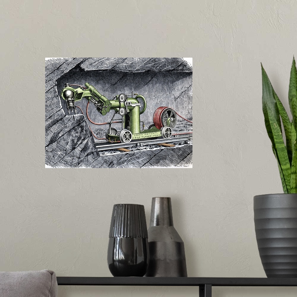 A modern room featuring 19th-century mining machine. Artwork of the rock- boring machine invented and patented by George ...