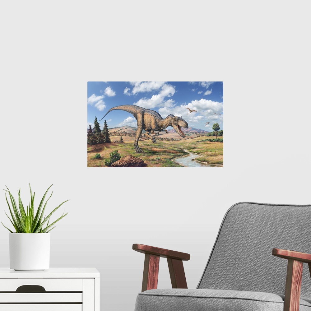 A modern room featuring Allosaurus dinosaur, artwork. Allosaurus patrolling its territory, marked by a stream. Allosaurus...