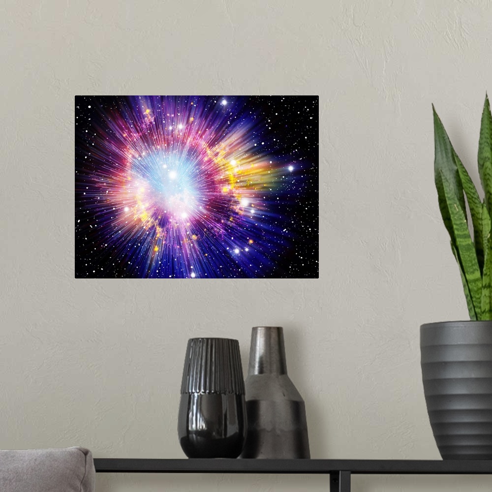 A modern room featuring Big Bang, conceptual image. Computer illustration representing the origin of the universe. The te...