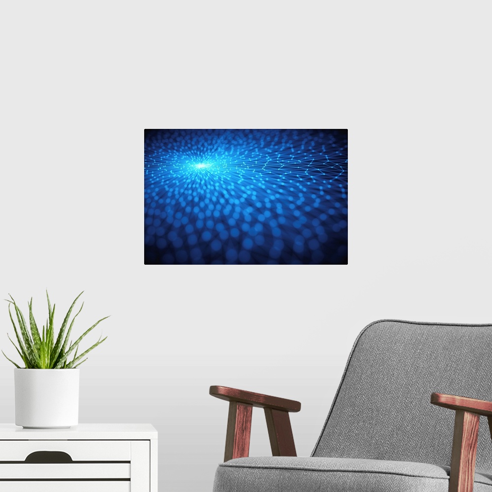 A modern room featuring Blue connecting dots, abstract illustration.