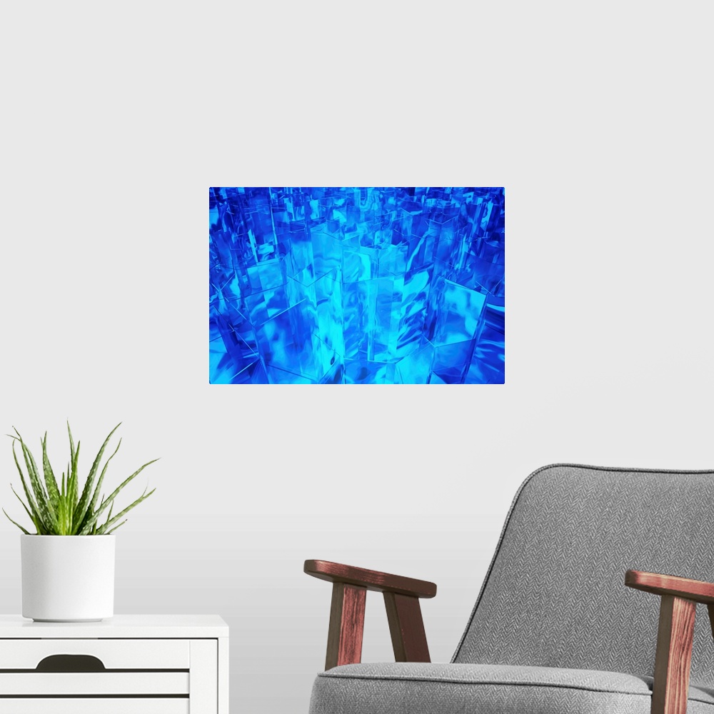 A modern room featuring Blue shapes, abstract illustration.