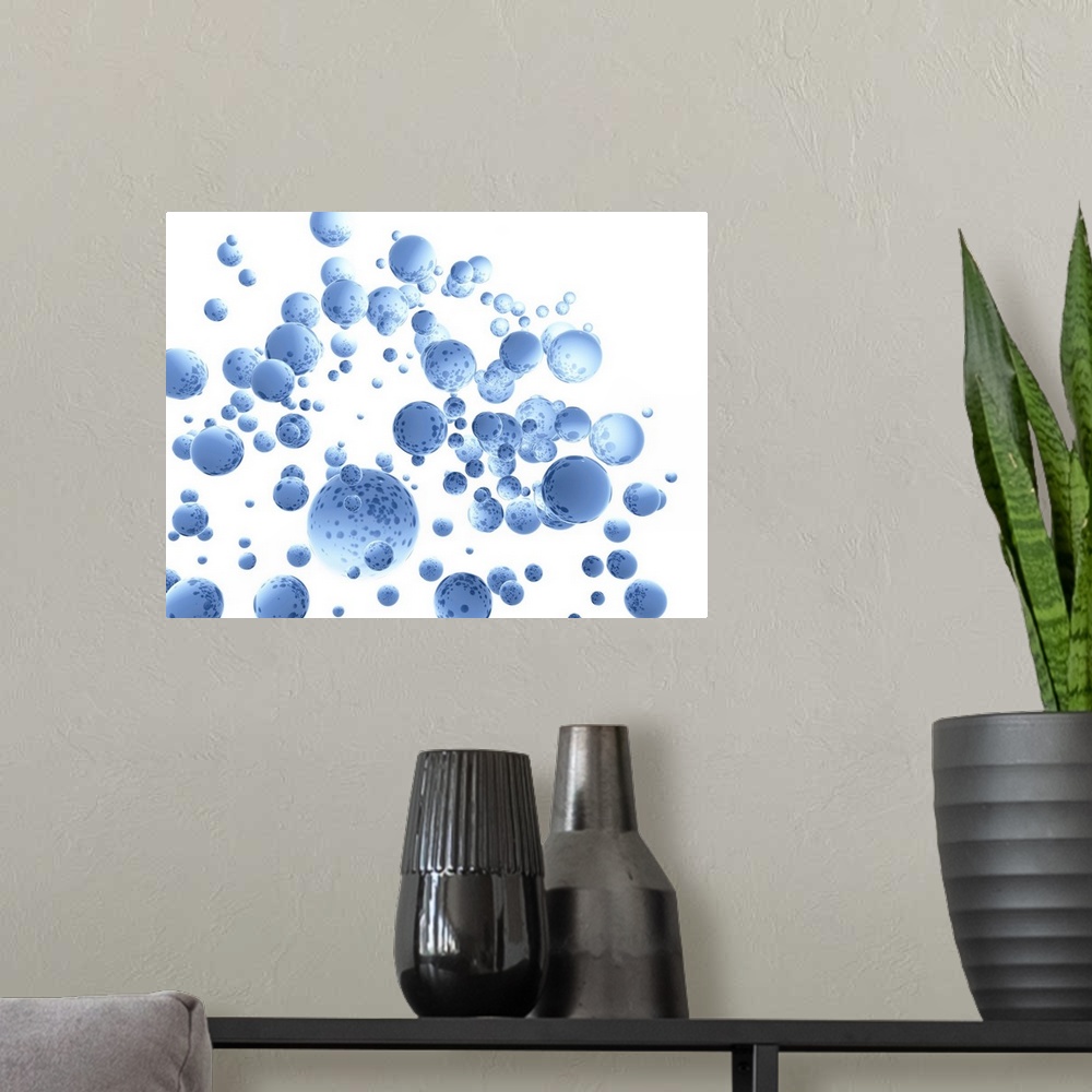 A modern room featuring Blue spheres against white background.