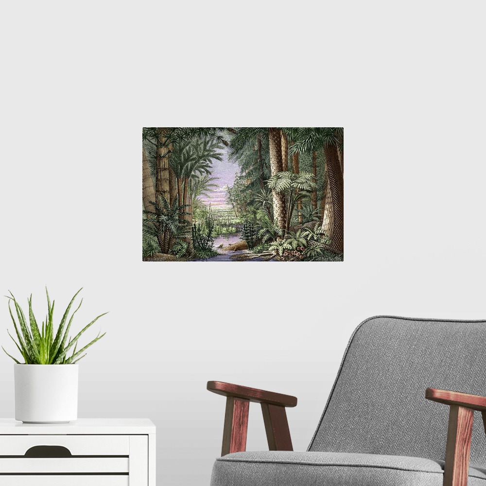 A modern room featuring Carboniferous landscape. Historical artwork from 1868 showing flora from the Carboniferous period...