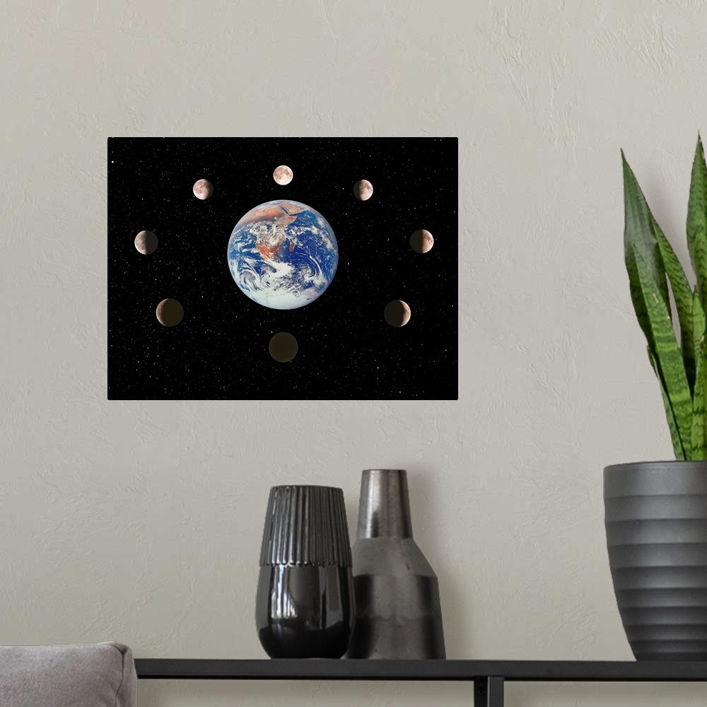 A modern room featuring Moon phases. Composite time-lapse image of the phases of the Moon, as seen from Earth during a lu...