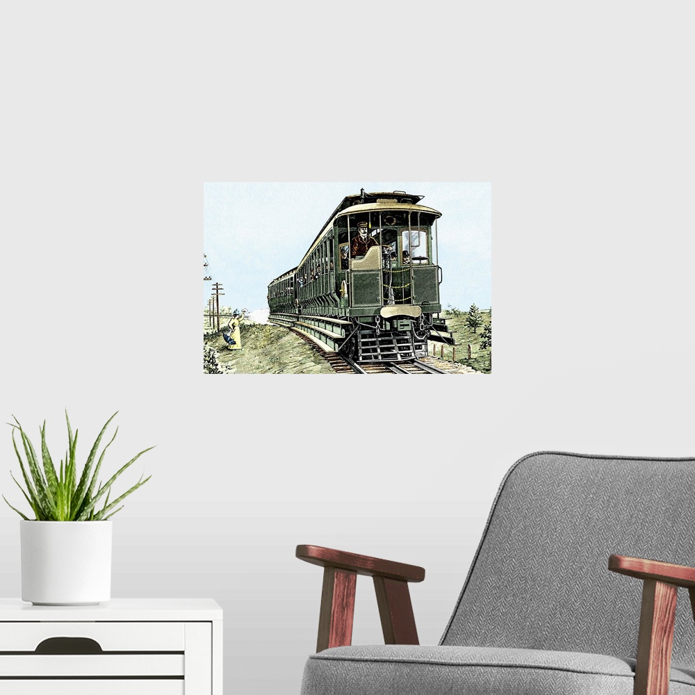 A modern room featuring Early electric train. Historical artwork of an early electric train used in Connecticut, USA. Thi...