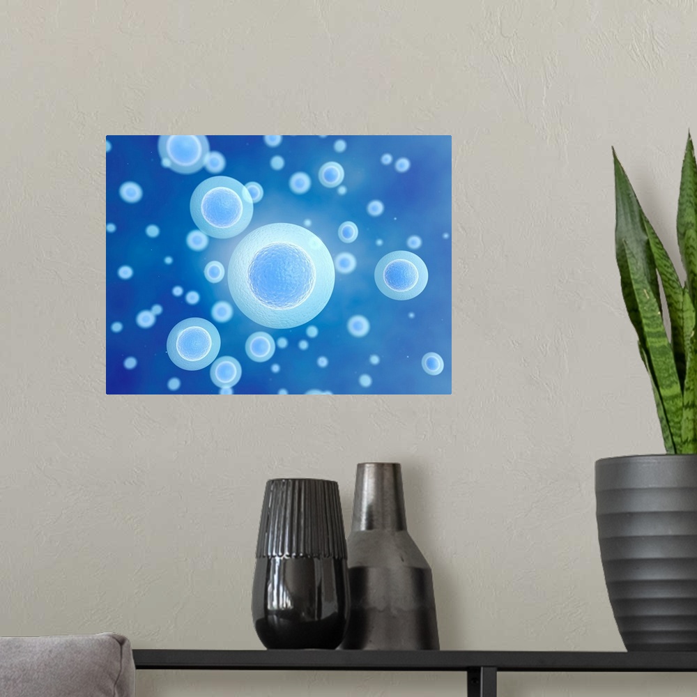 A modern room featuring Egg cells against a blue background, illustration.