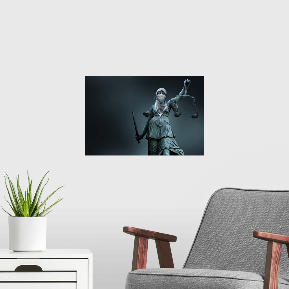 A modern room featuring Fighting for justice. Conceptual image of a statue of 'Lady Justice' wearing a traditional Arab h...