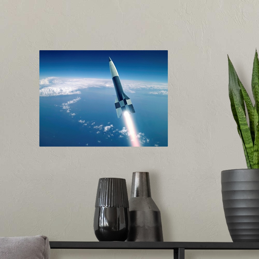A modern room featuring First V-2 (A-4) rocket launch, artwork. Designed and built in Germany during World War II, this r...