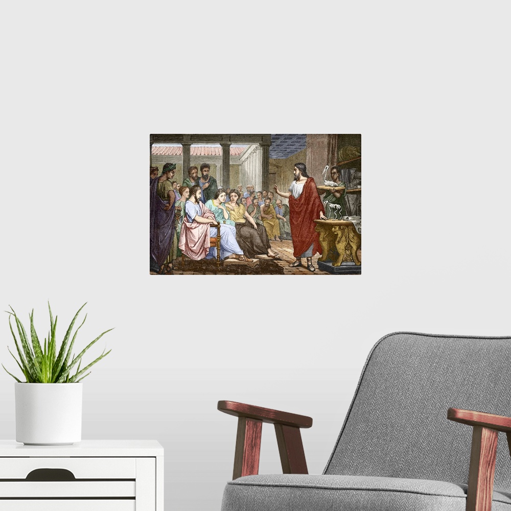 A modern room featuring Galen (c.129-200 AD), Ancient Greek physician and anatomist, lecturing on anatomy in Rome, in the...