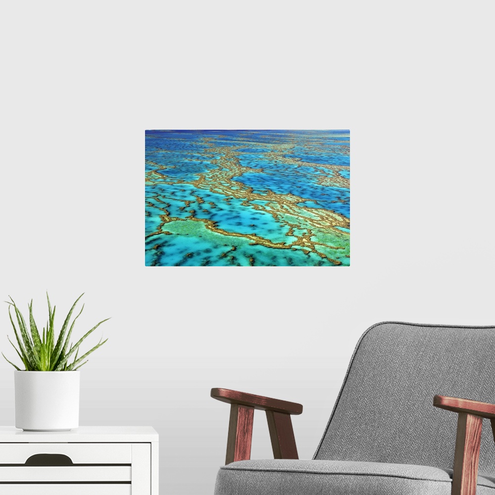A modern room featuring Great Barrier Reef. Aerial view of the Great Barrier Reef, Australia. The Great Barrier Reef is t...