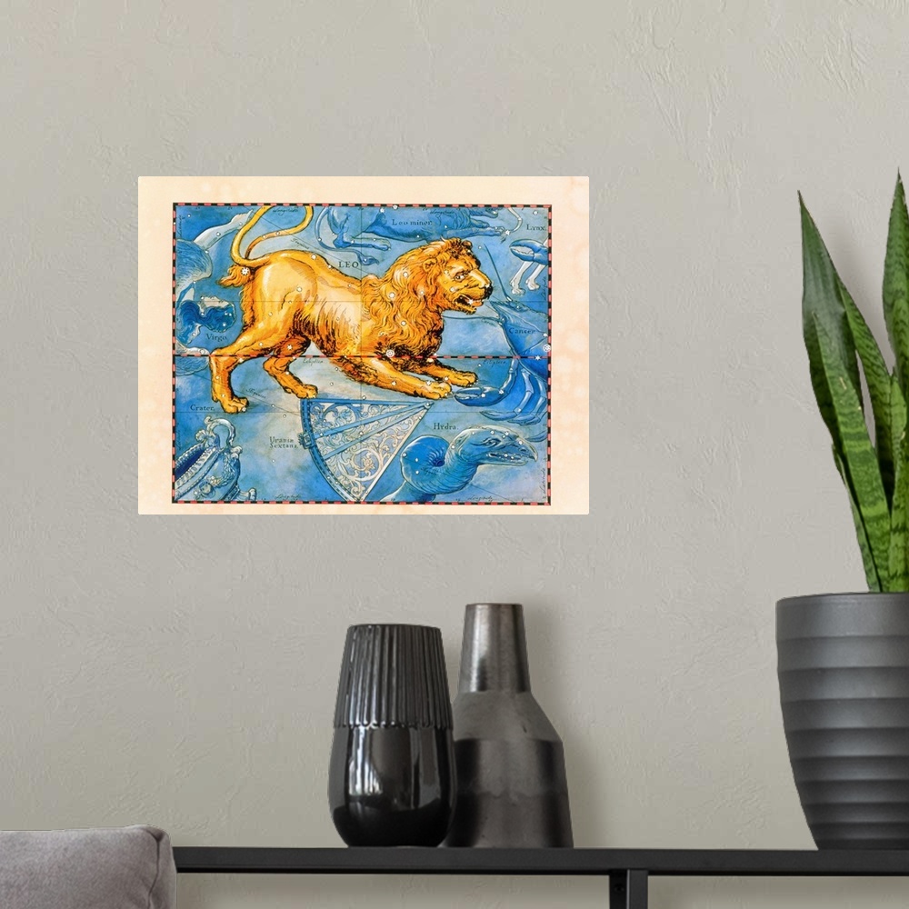 A modern room featuring Leo. Coloured historical artwork of the constellation of Leo. The constellation is depicted as a ...