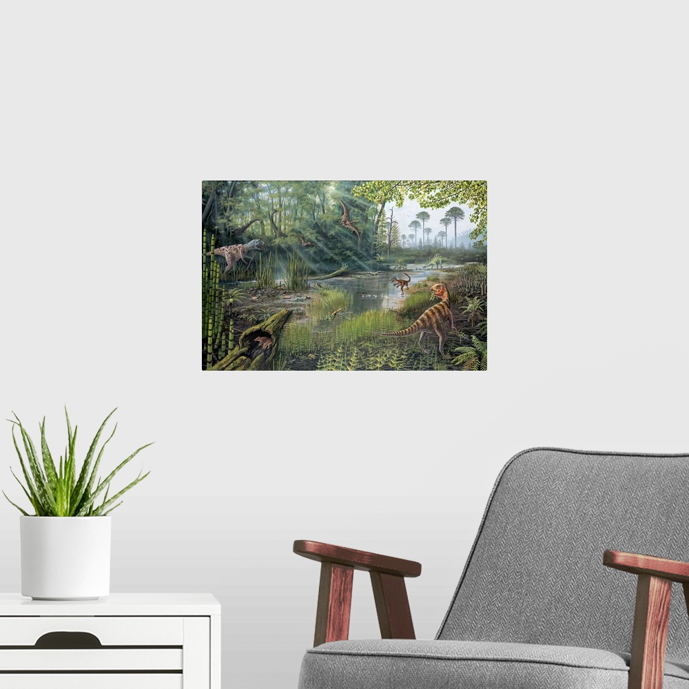 A modern room featuring Jurassic life. Artwork of a forest full of prehistoric creatures that existed during the Jurassic...