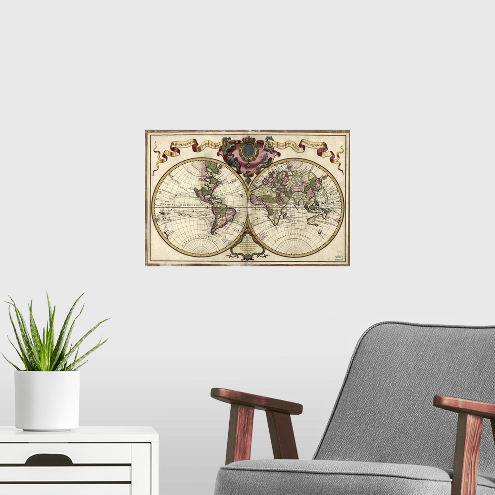 A modern room featuring Antique map of the world represented with two circles and the various areas of the globe depicted...