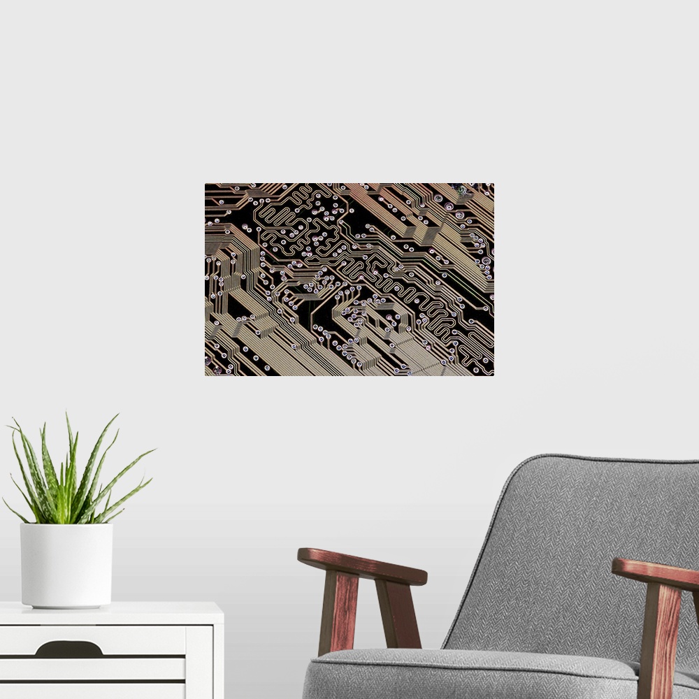 A modern room featuring Printed circuit board (PCB). Computer artwork of the PCB from a motherboard (main circuit board) ...