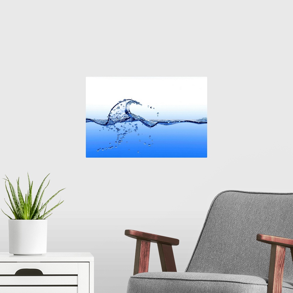 A modern room featuring Computer artwork of a splashing wave with bubbles, above and below water.