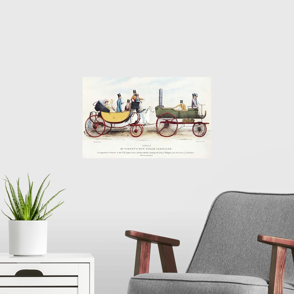 A modern room featuring Steam-powered coach, historical artwork. This coach, known as the Gurney Drag, was a horseless st...