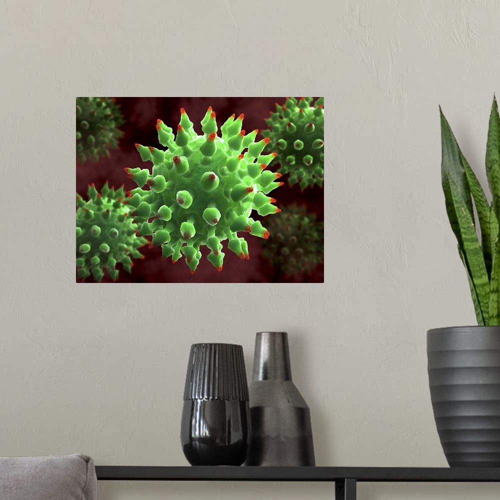 A modern room featuring Virus particles, computer artwork. The spikes (red-tipped) on the virus particles are surface pro...