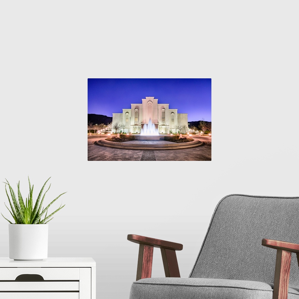 A modern room featuring The Albuquerque LDS Temple was constructed in 1998 in New Mexico. It's set in front of the arid A...