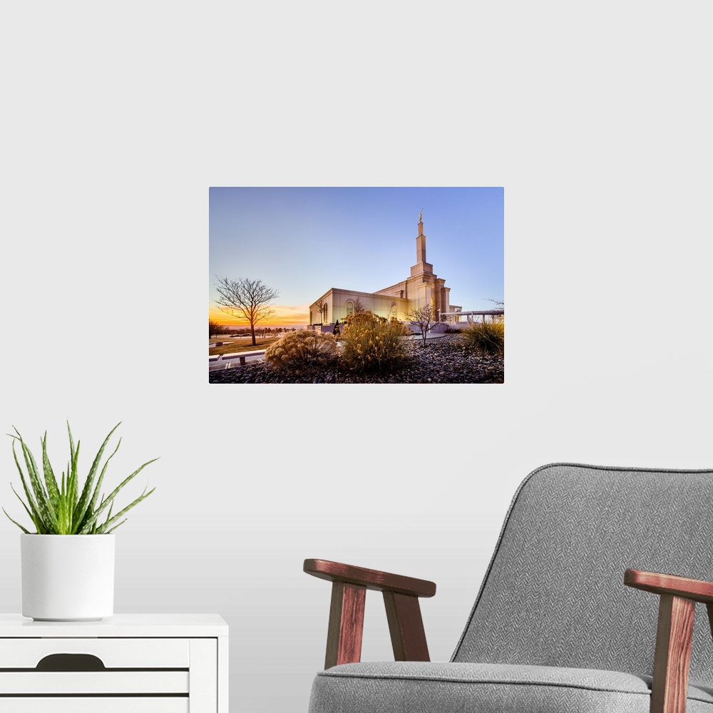 A modern room featuring The Albuquerque LDS Temple was constructed in 1998 in New Mexico. It's set in front of the arid A...