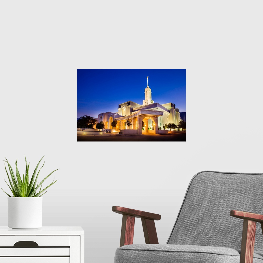 A modern room featuring The Mount Timpanogos Utah Temple is located in American Fork, Utah. Its bright exterior offsets i...