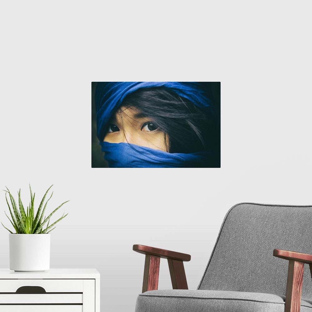 A modern room featuring Beautiful Asian girl with blue scarf