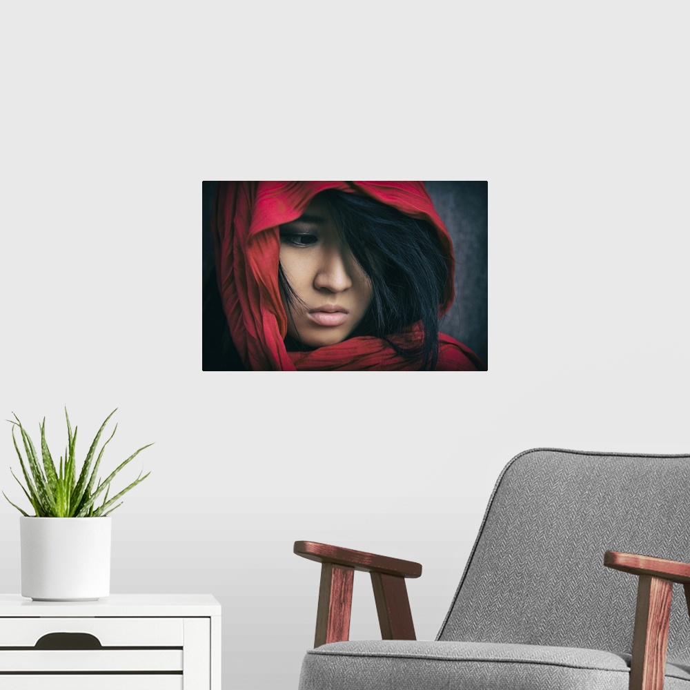A modern room featuring Beautiful Asian girl with red scarf