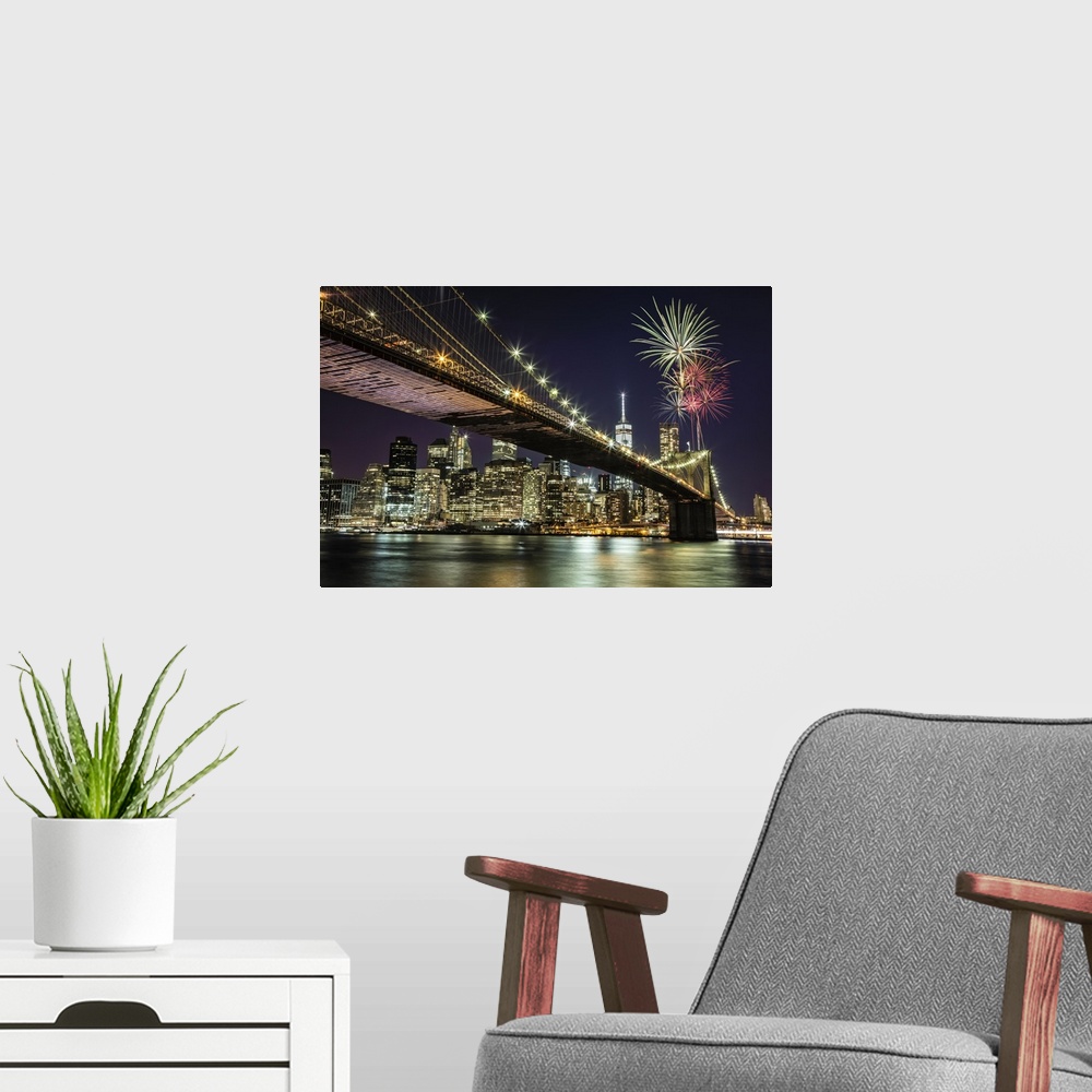 A modern room featuring Fireworks over the Brooklyn Bridge in New York City