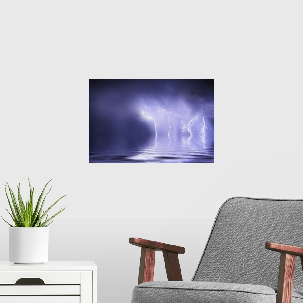 A modern room featuring Lightning storm over the ocean