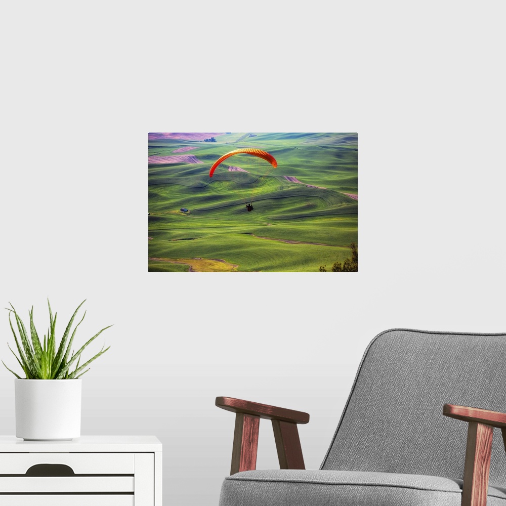 A modern room featuring Paraglider above green the wheat fields in the Palouse