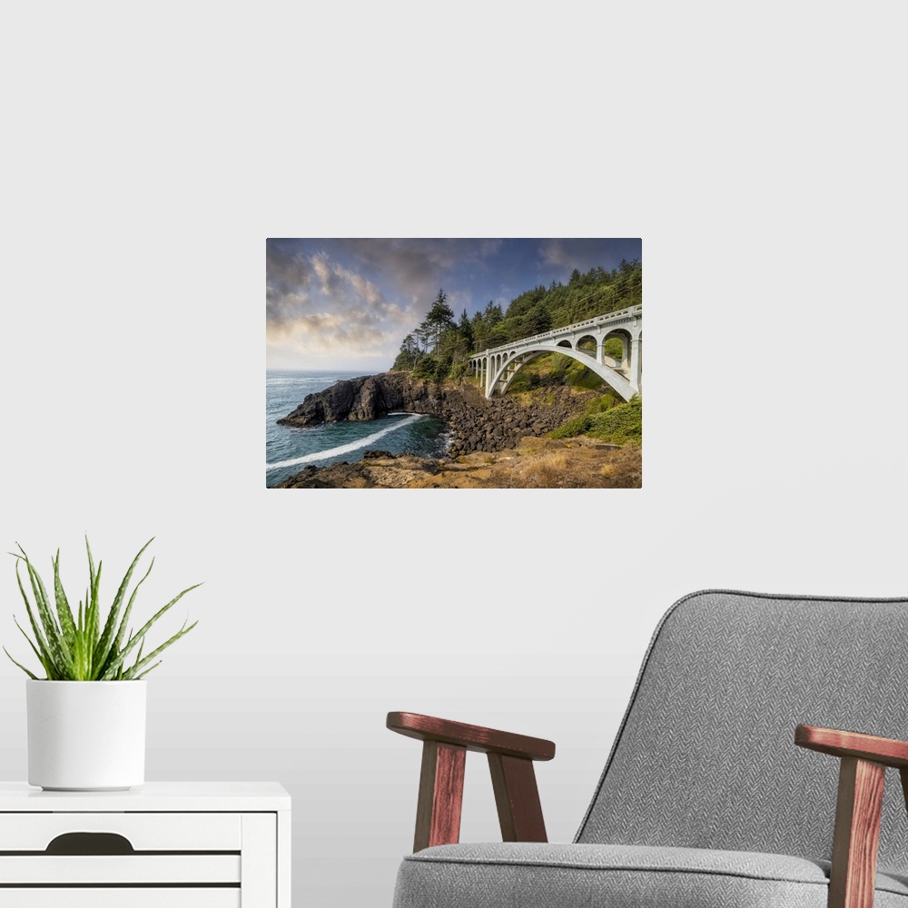 A modern room featuring Rocky Creek Bridge on the Oregon Coast