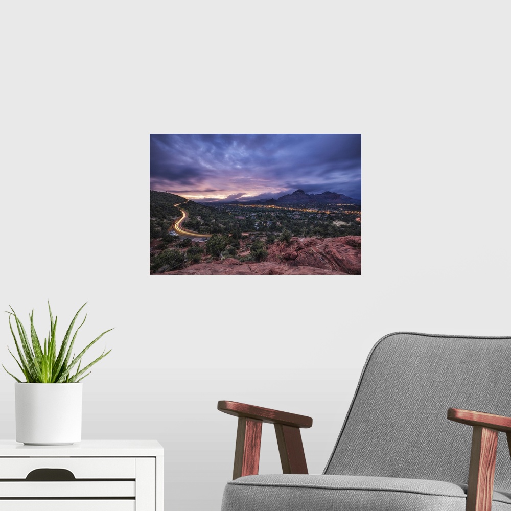 A modern room featuring Car trails above Sedona, Arizona at sunset.