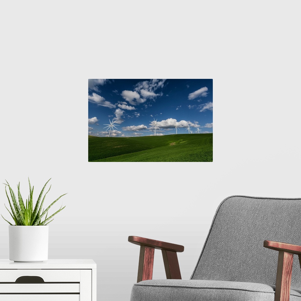A modern room featuring Wind turbines in the Palouse region of Washington.