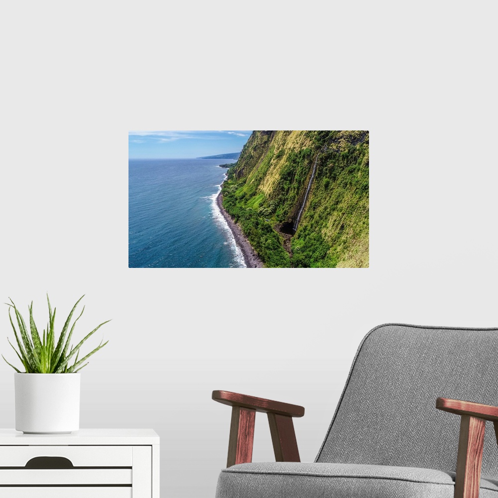 A modern room featuring Big Island Hawaii. Looking south towards the waterfalls along the big island's northeastern shore.