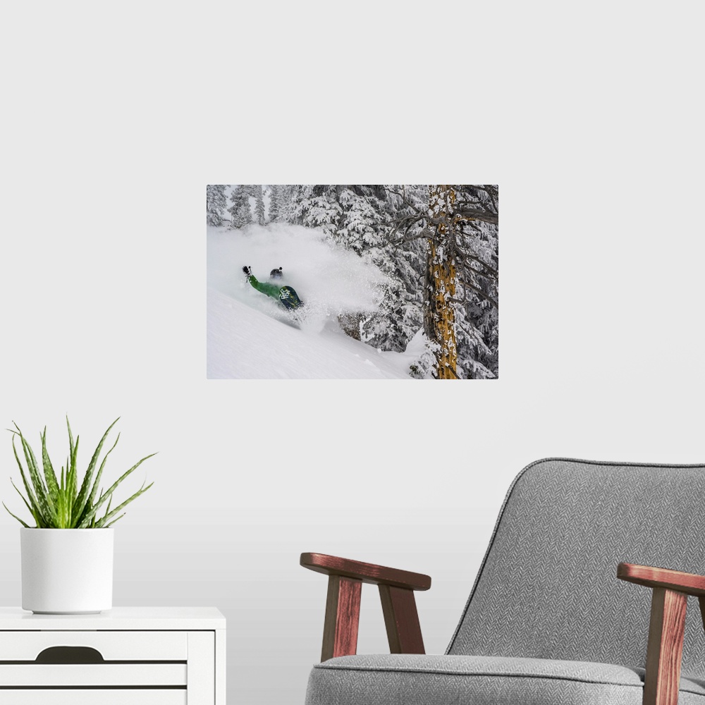 A modern room featuring Action photograph of a snowboarding shredding down the Wasatch Range in Utah.