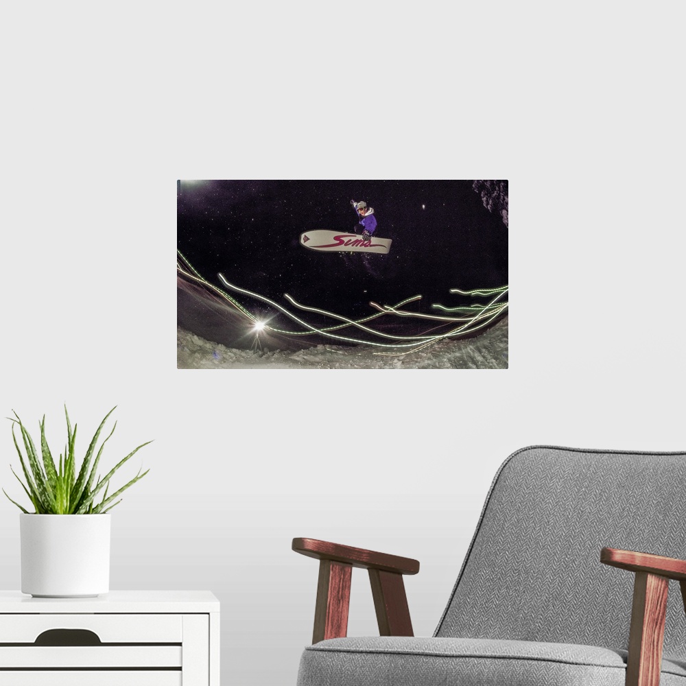 A modern room featuring Vintage photo of legendary snowboarder Chris roach riding boreal in 1989. Photo may have a film g...