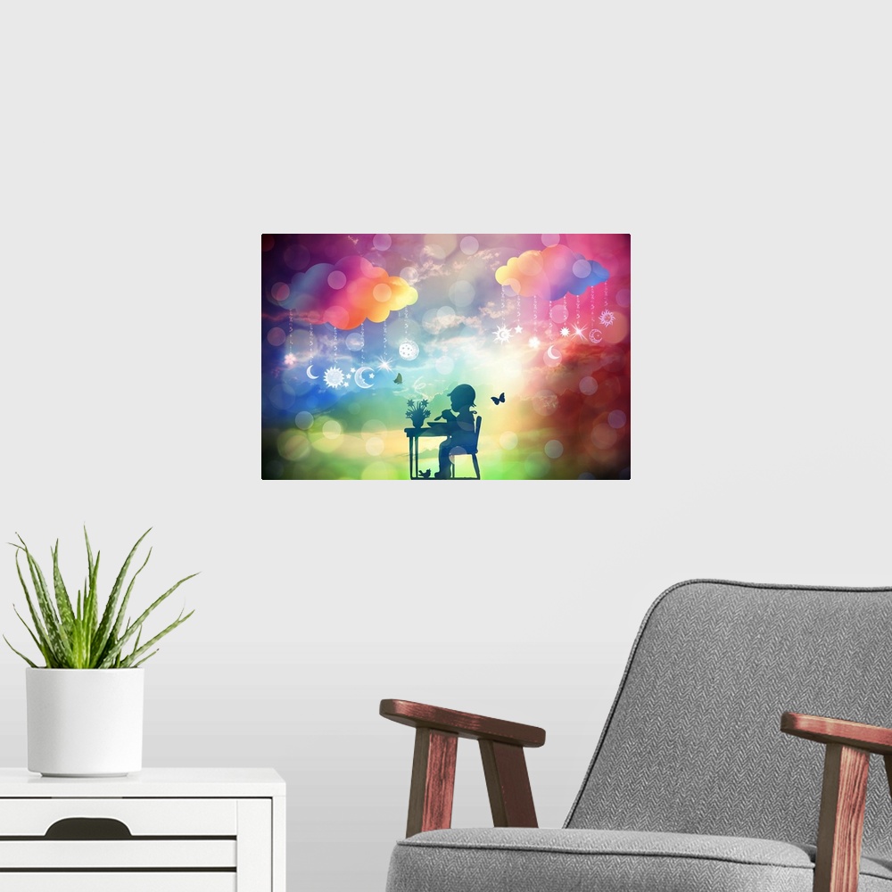 A modern room featuring Silhouette of a young child eating at a table with a rainbow bokeh and cloud background.