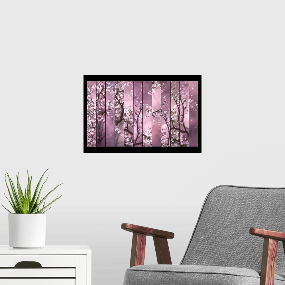 A modern room featuring Vertical panels of cherry tree branches full of pink blossoms.