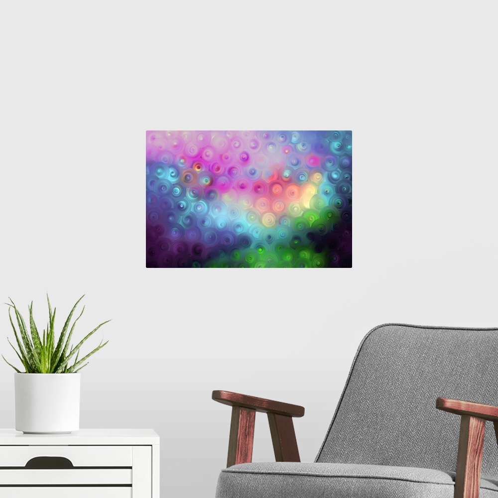 A modern room featuring Abstract artwork of overlapping swirling circles in bold rainbow tones.
