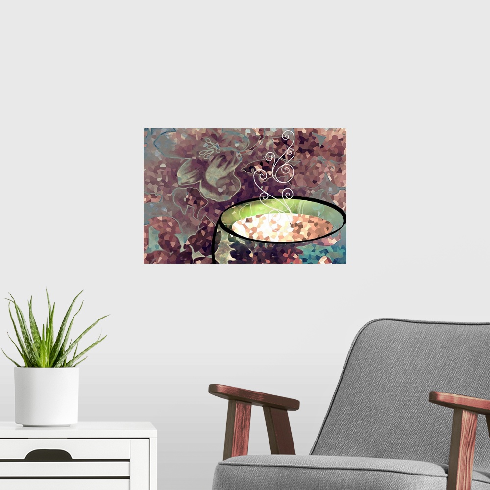 A modern room featuring Mosaic style artwork of steam rising from hot liquid in a cup.