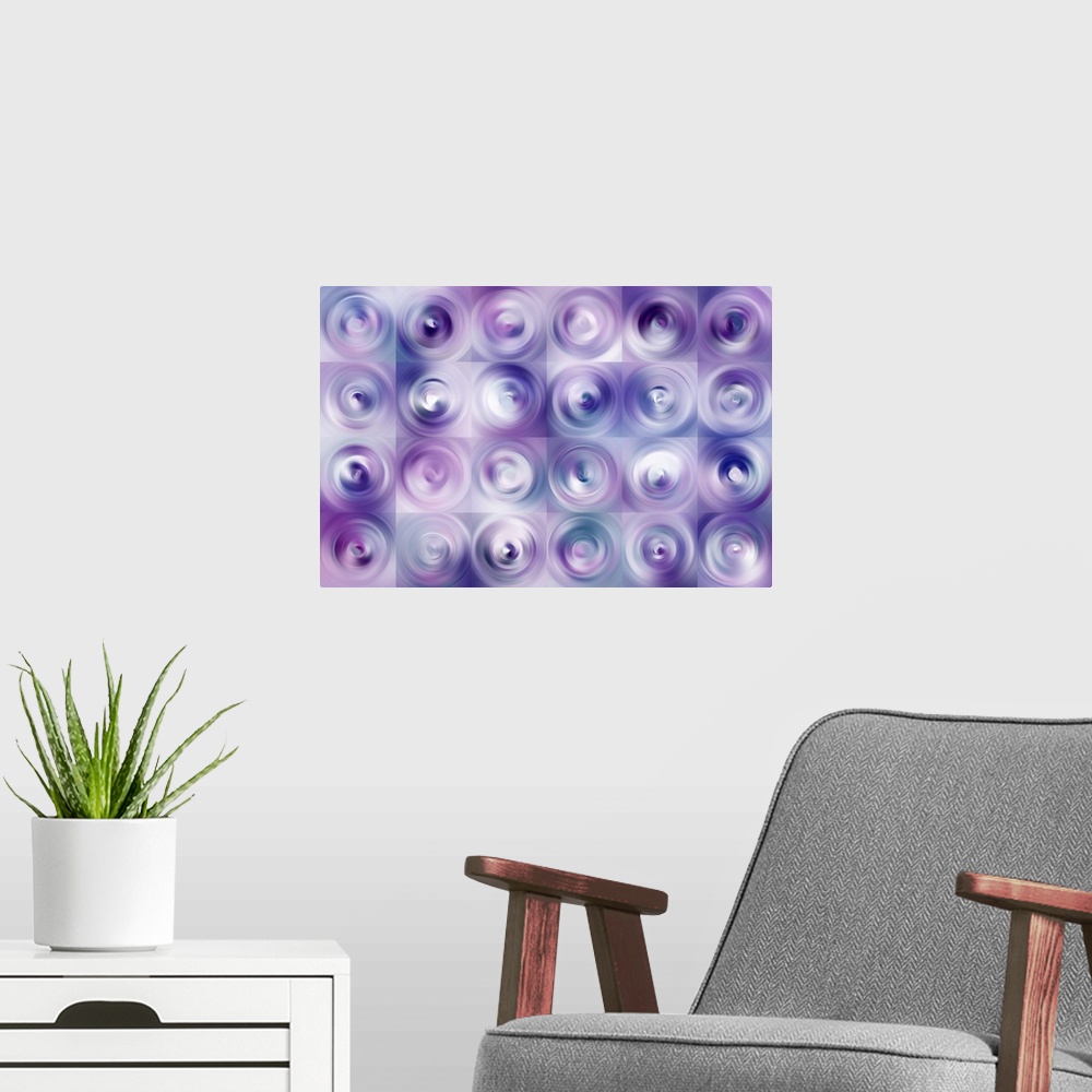 A modern room featuring Abstract artwork using deep purple tones and water like ripples.