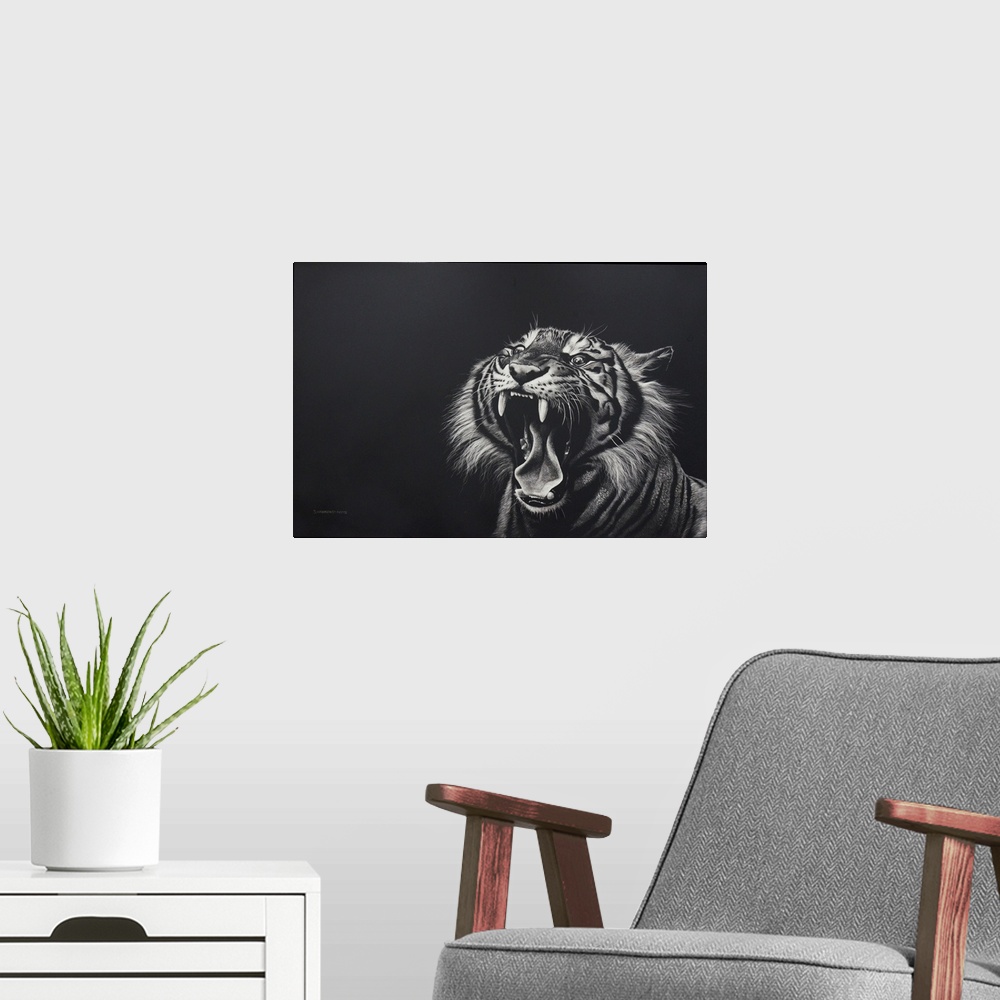 A modern room featuring The power of this scratchboard is strong because of the action of this beautiful powerful Bengal....
