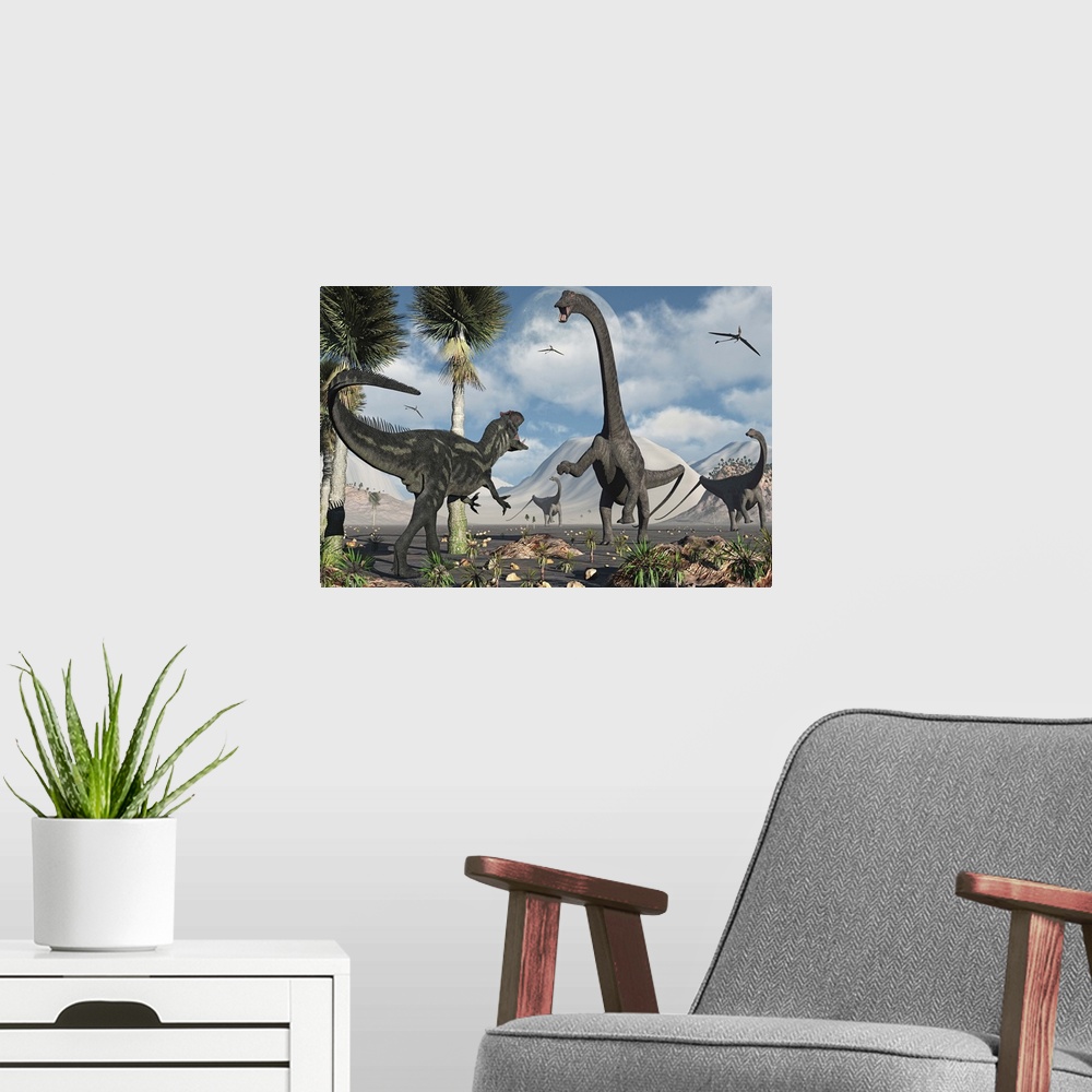 A modern room featuring A carnivorous Allosaurus confronts a giant Diplodocus herbivore during the Jurassic period on Earth.