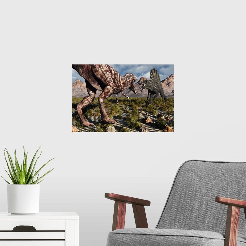 A modern room featuring A confrontation between a T. Rex and a Spinosaurus dinosaur, both carnivores of their time.