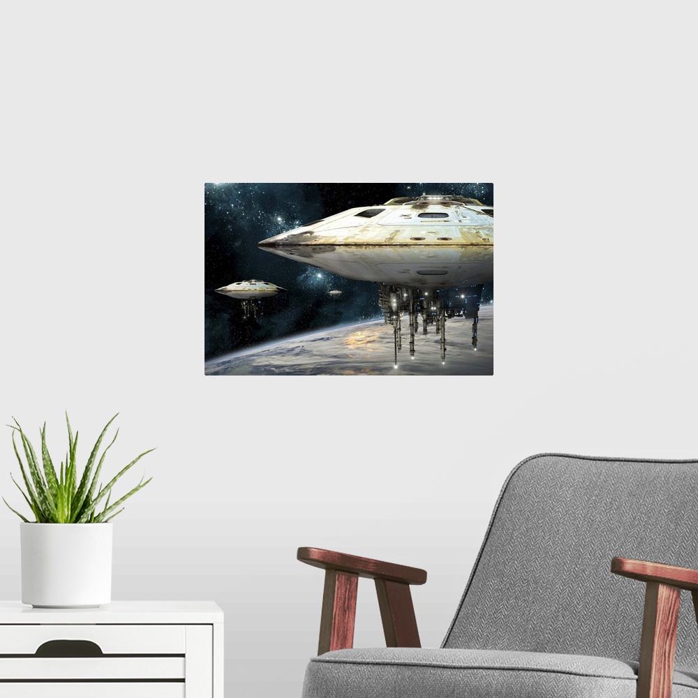A modern room featuring A fleet of massive spaceships take position over Earth for a coming invasion.
