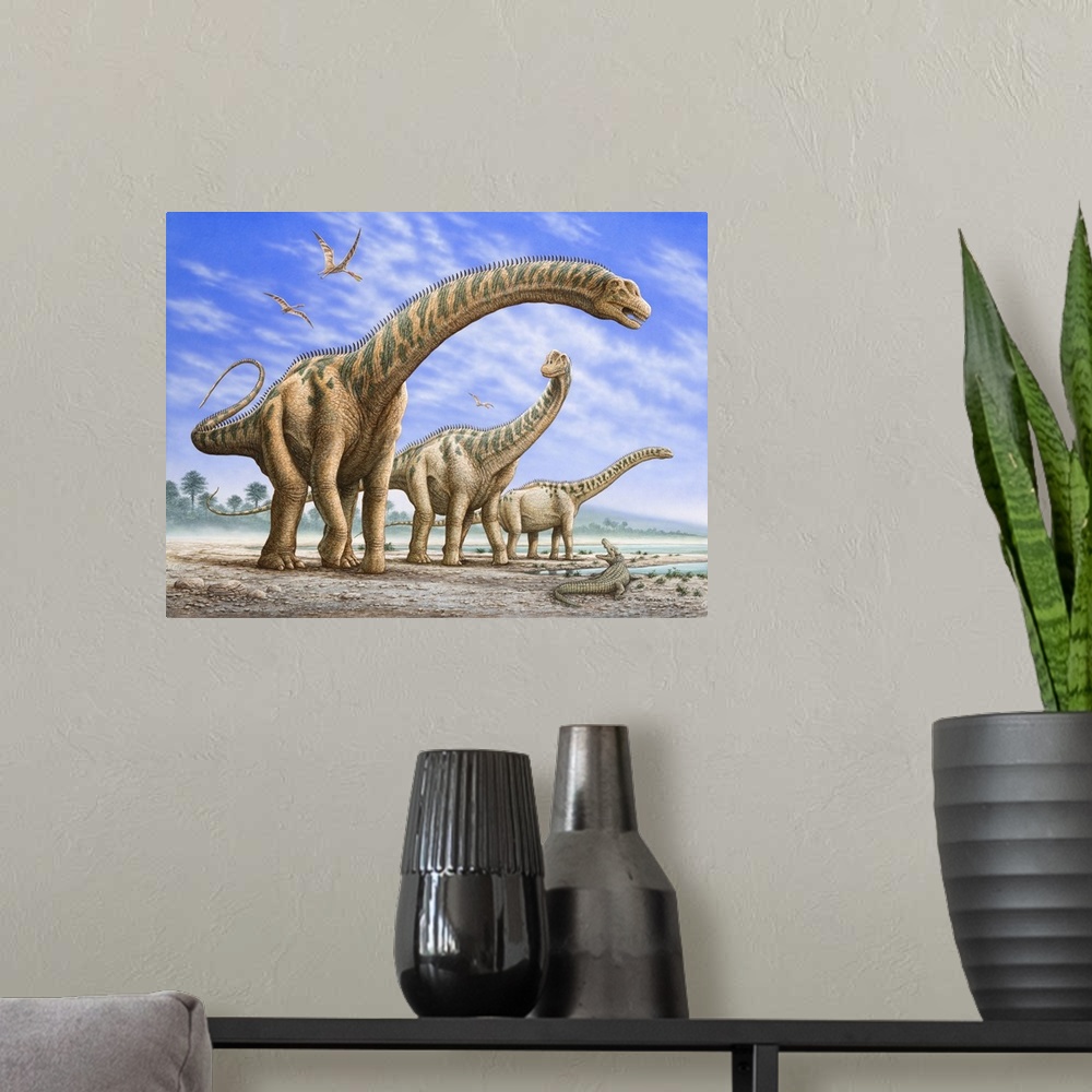 A modern room featuring A group of Argentinosaurus dinosaurs. Ornithocheirus fly overhead, while a Deinosuchus tries to s...